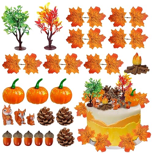 RAYNAG 25 Pieces Fall Cake Decorations Set, Thanksgiving Pumpkin Cake Toppers with Artificial Pumpkins, Maple Leaves, Pine Cones & Squirrels for Fall Party Cakes