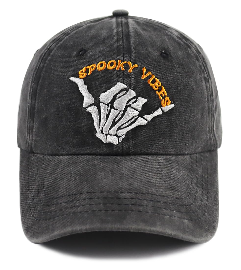 Funny Halloween Spooky Vibes Hats, Adjustable Embroidery Cotton Skeleton Hand Vintage Baseball Cap for Men Women