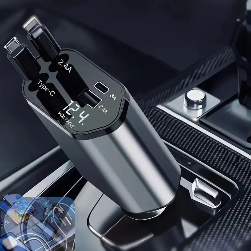 120W Fast Car Charger with Retractable Type-C Cable (80cm), 4-in-1 PD QC Car Adapter, Dual USB & Type-C Ports, 180° Rotatable with LED Voltage Display for All Smartphones & Tablets