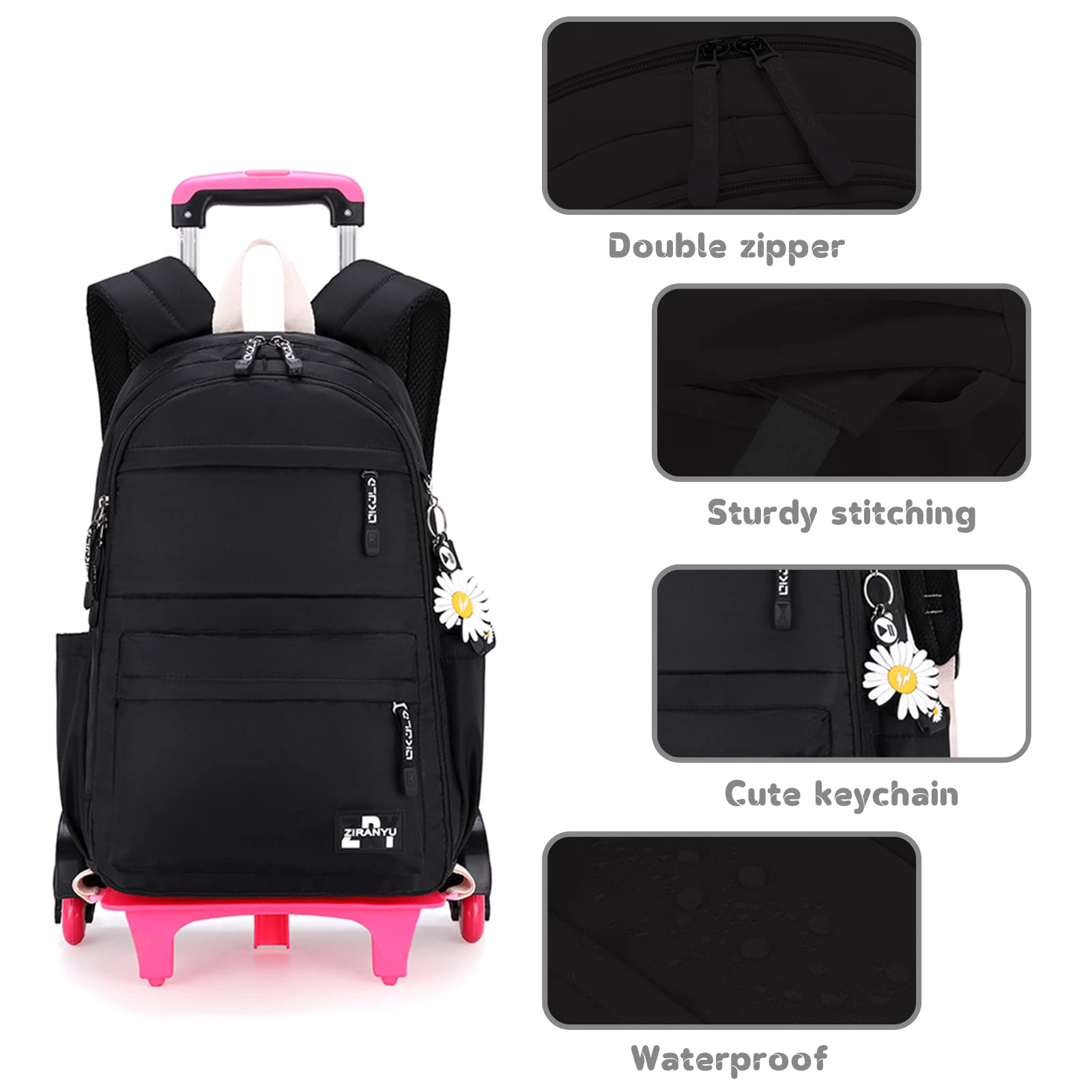Tanou Cartable a Roulette Fille, 16 Pouces Légers Sac a Roulette Fille Primaire, Détachable Cartable roulettes Enfant pour Voyages Scolaires, 7-12 Ans, Noir