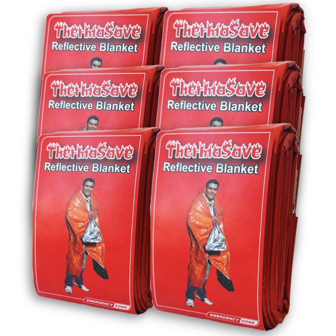 [6 Pack] ThermaSave Emergency Blanket for Survival | Lightweight, Durable, and Weather-Resistant Survival Blanket | Reflects and Retains Heat