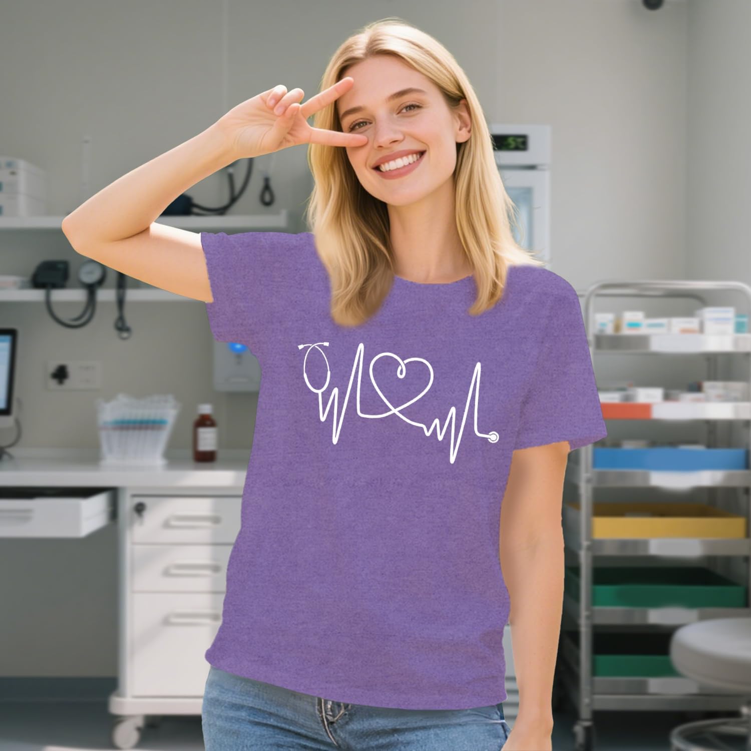 Nurse Shirts for Women Nurse Day T-Shirt Nursing Stethoscope Heart Tshirt Heartbeat Tee - Image 4