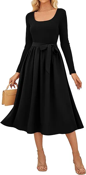 GRACE KARIN Women's Fall Long Sleeve Midi Dress 2025 Casual Square Neck Knit Belted A Line Flowy Elegant Going Out Dresses
