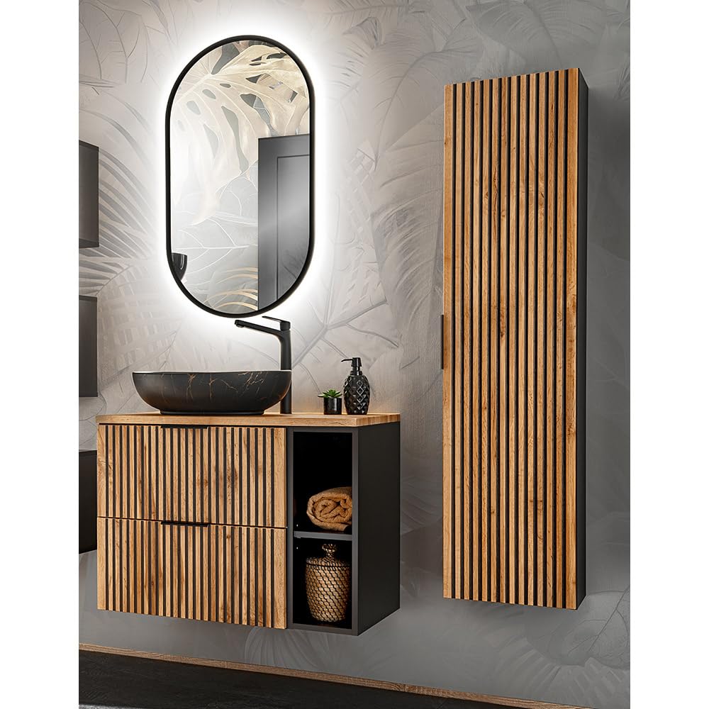 Lomadox Set di mobili da bagno con mensola combinata e lavabo da appoggio in antracite con rovere, con scanalature nere
