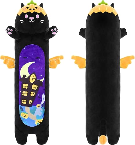Almohada larga de felpa para el cuerpo, 20 pulgadas, lindo gato negro de peluche, peluche Kawaii suave, almohada de felpa de gato de Halloween,