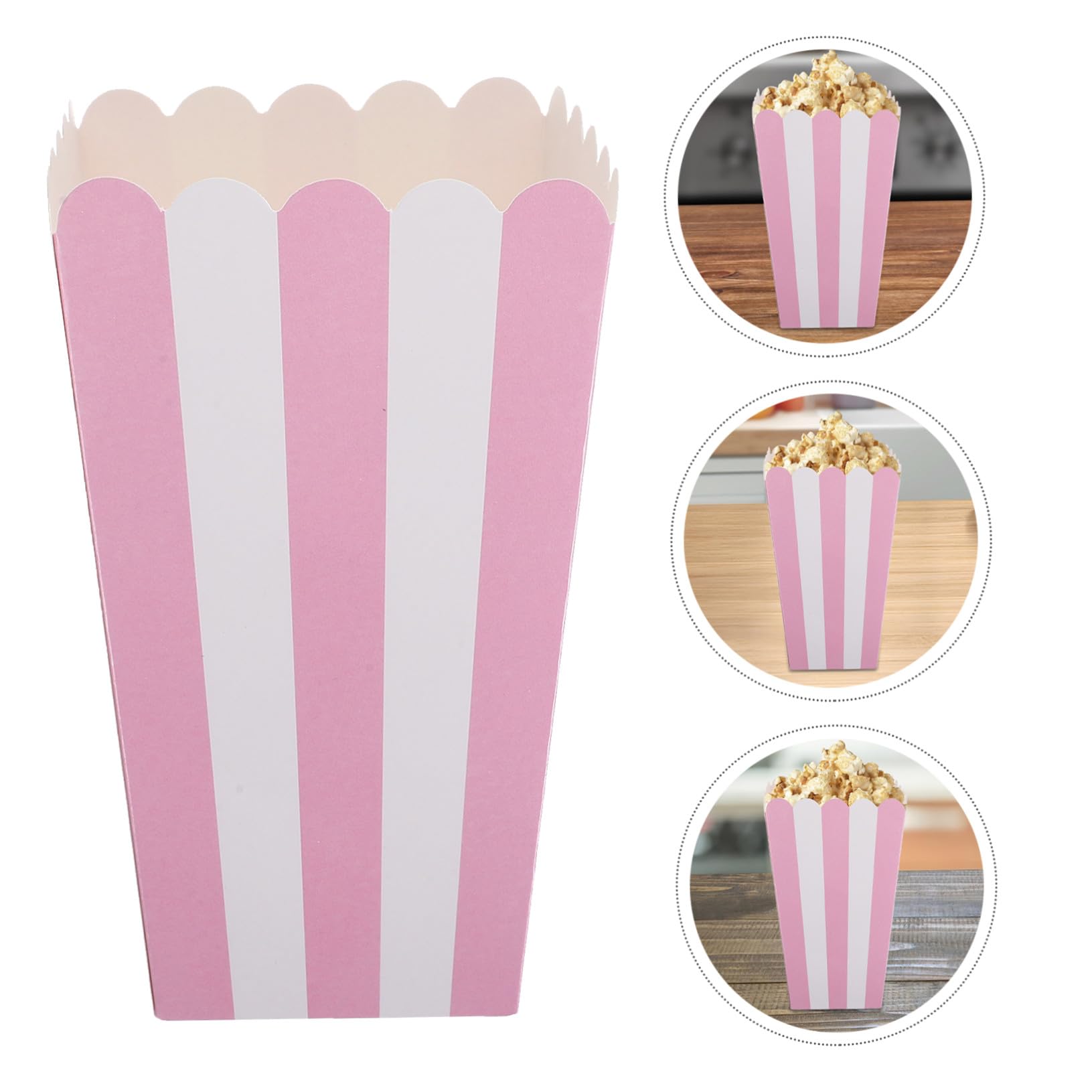 Gestreifte Popcorn Eimer aus Papier 100 Stück, Klein, Rosa | Wellenrand, Ölresistent und Stapelbar, für Festliche Anlässe Sowie Kinoabende