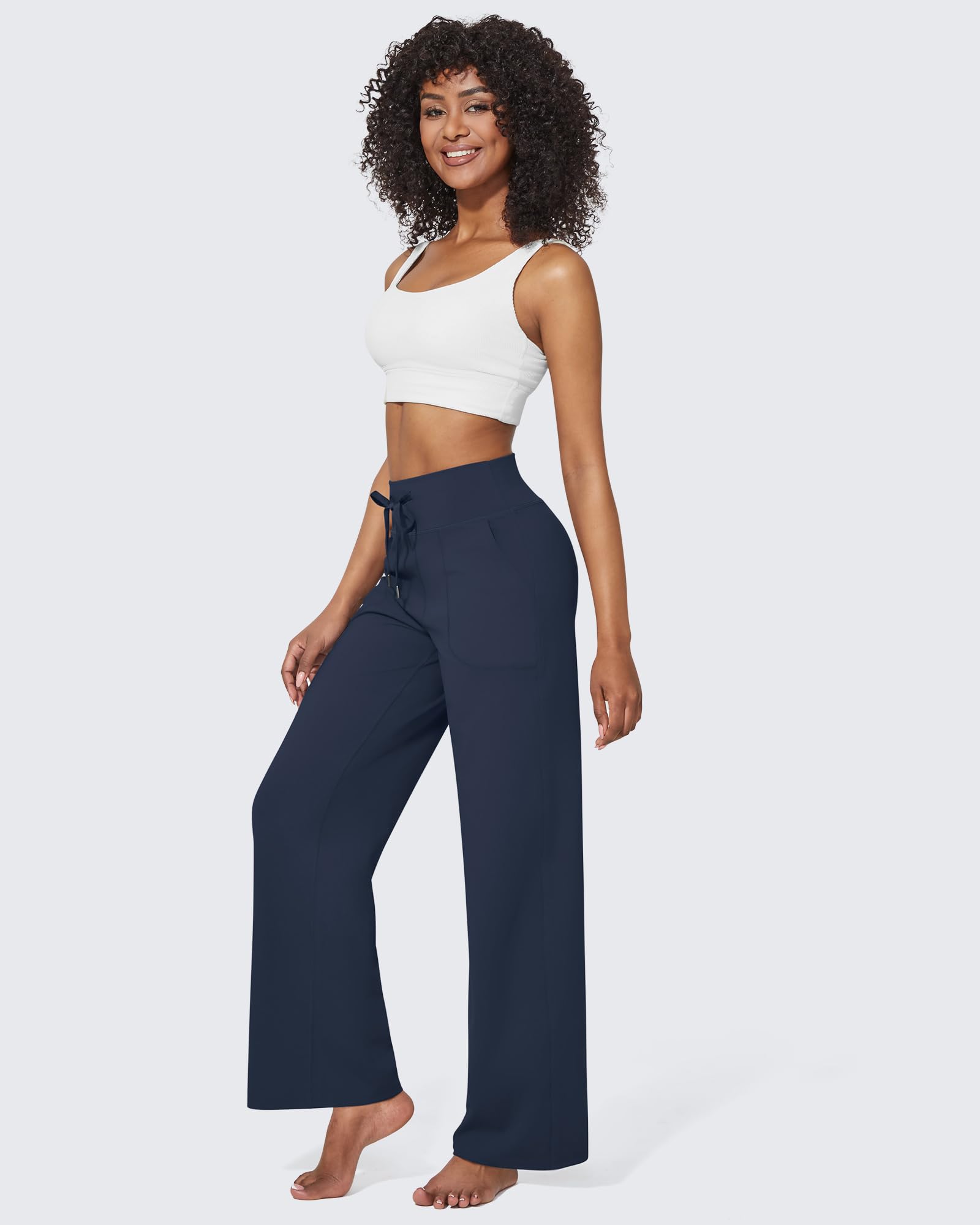 G4Free Pantalon de Yoga Femme Taille Haute Jogging Jambe Large Longue avec Poches Stretch Confortable Cordon de Serrage Sweatpants Lounge pour Sport