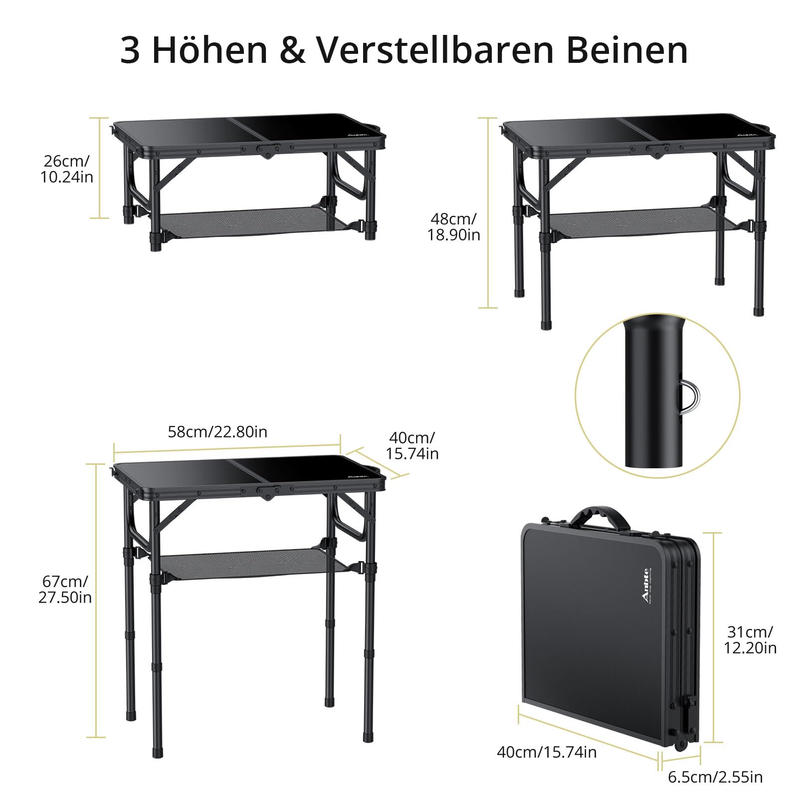 Anbte Campingtisch Klappbar 58x40cm Aluminium Rahmen Picknicktisch 3 Höhen Verstellbar 26/48/67cm MDF-Tischplatte mit Aufbewahrungsnetz Klapptisch für Camping Strand Balkon (Ganz Schwarz)