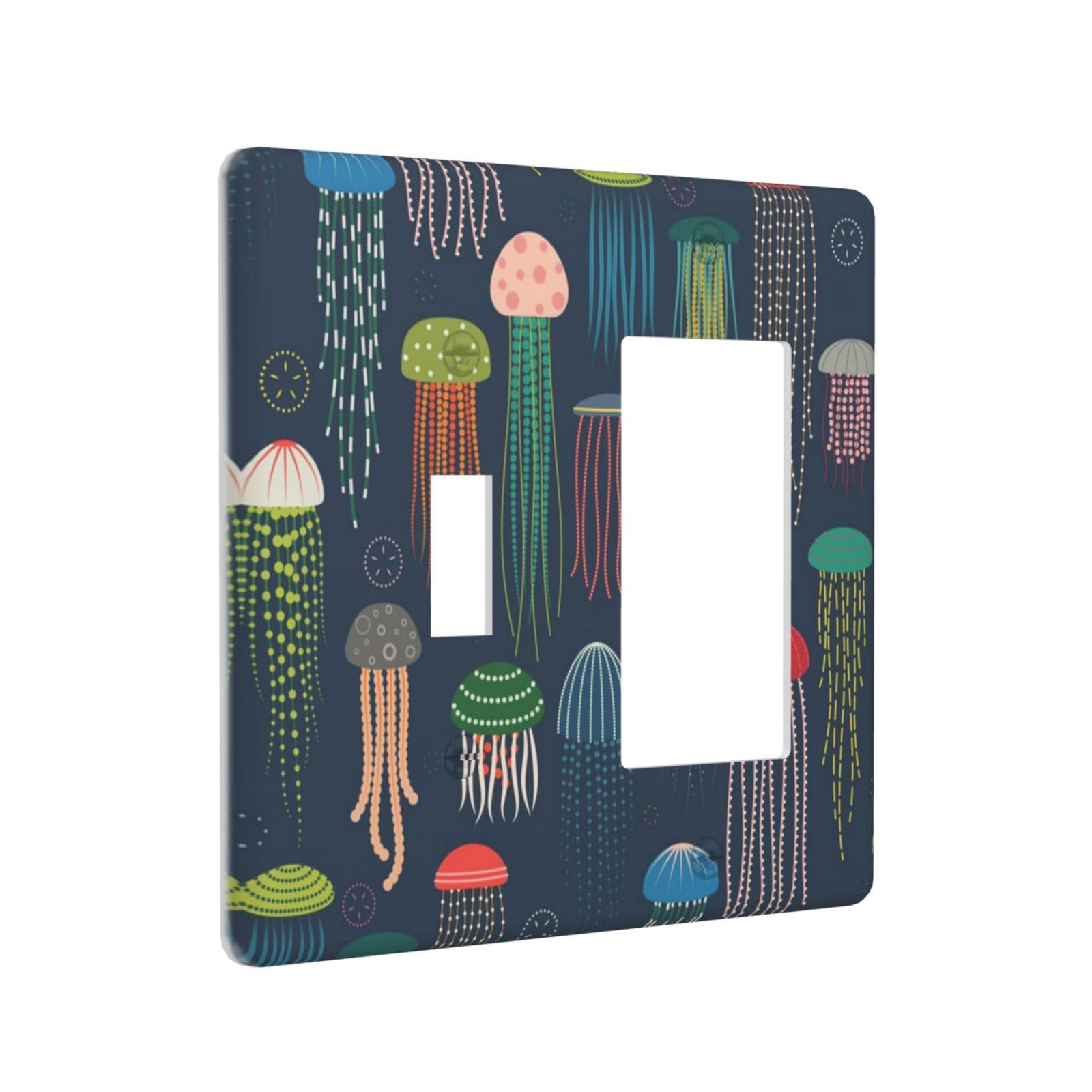 Colorful Jellyfish Sea Jellies Ocean Navy Blue 2 Gang Artistic Light Switch Cover Plates Decorative Combination Toggle Rocker/Decora Wall Plate Electrical Switchplate Faceplate for Nursery Kids Room