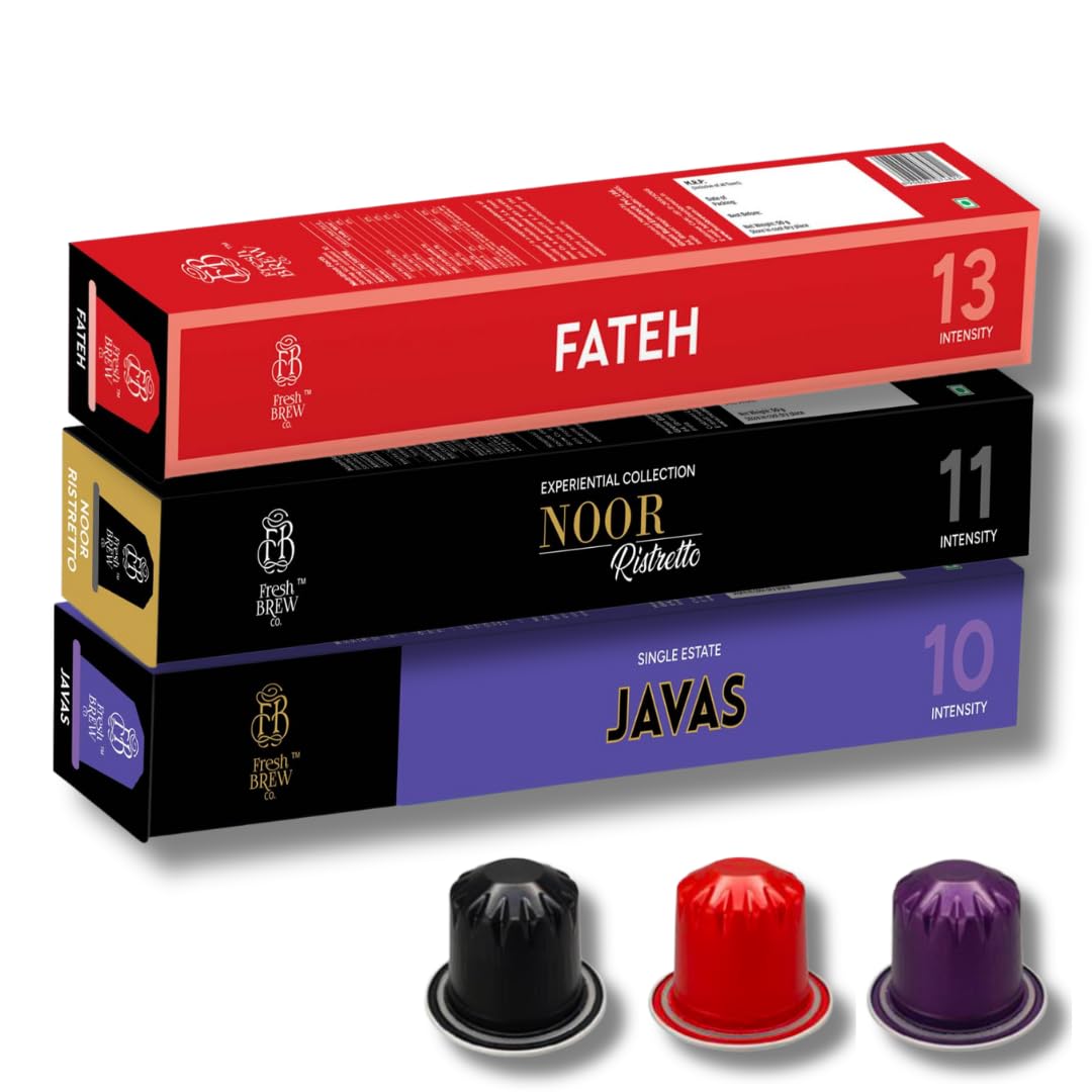 Fresh Brew Co. Dark Roast Coffee Pack | 1 Javas, 1 Fateh, 1 Noor | 3 Packs, 10 Capsules Each | Nespresso Compatible Capsules
