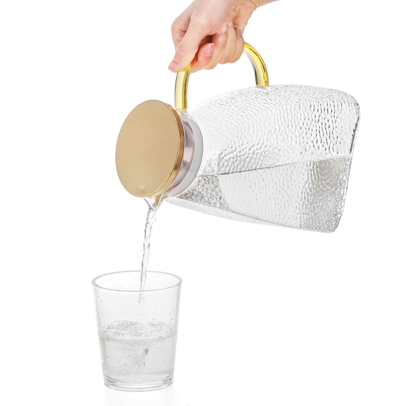 Hedume Jarra de agua para puerta de nevera, 1.8 litros/60 onzas, jarra de nevera con tapa dorada de acero inoxidable, jarra de vidrio de borosilicato alto a prueba de fugas, jarra de té helado para