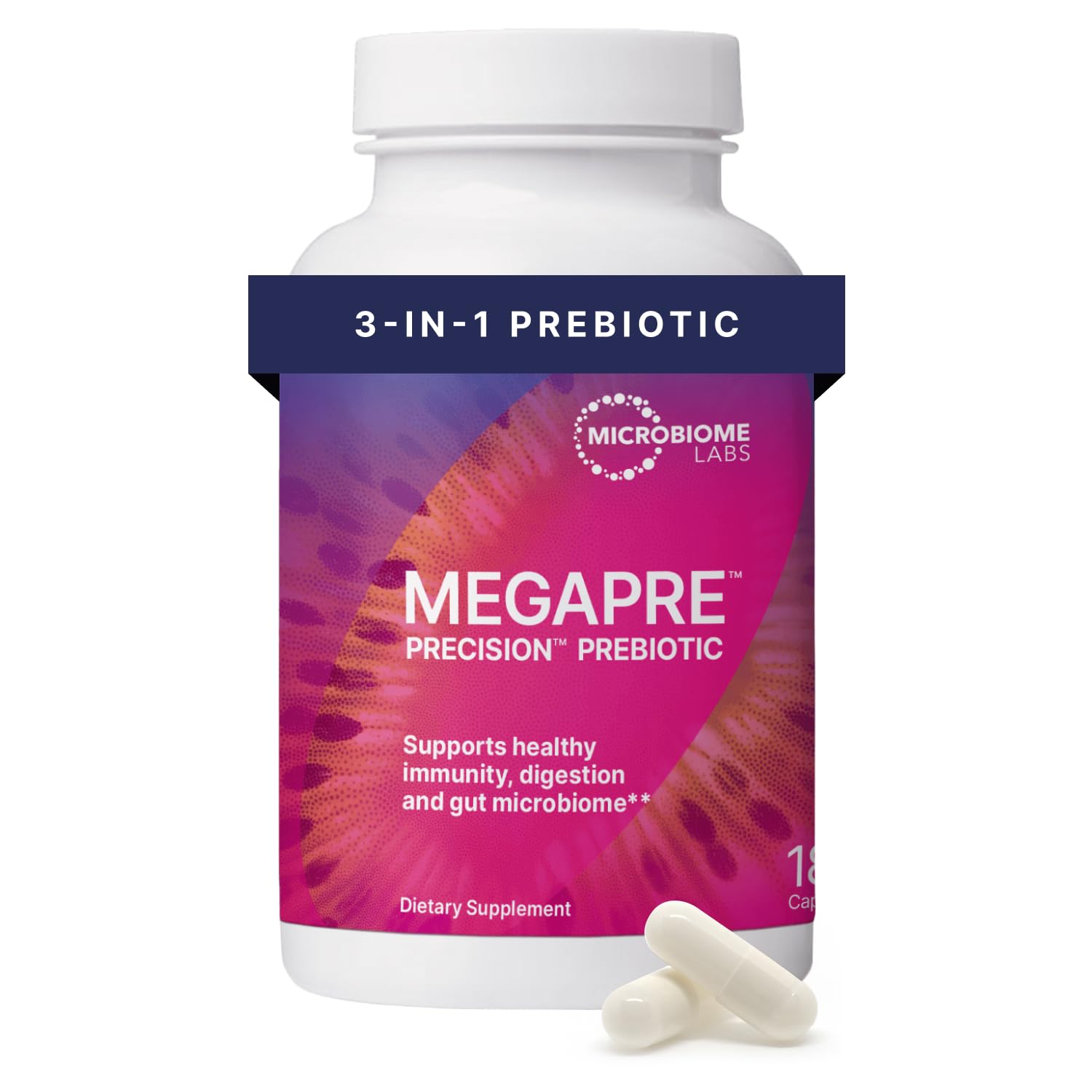 Microbiome Labs MegaPre Prebiotic Fiber Supplement in Vegetable Capsules - Prebiotic Supplement with Clinically Tested Oligosaccharides - Support Microbial Diversity & Gut Health (180 Capsules)