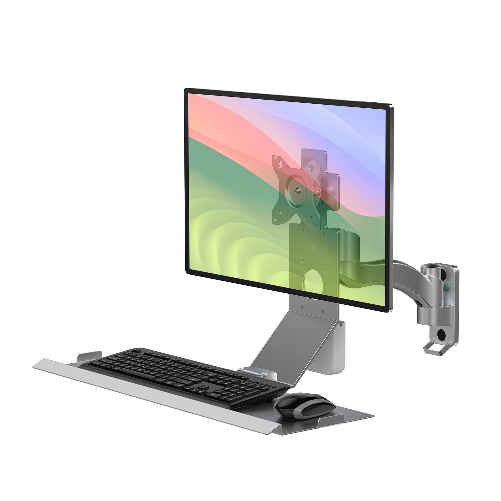 BEWISER Supporto da parete per monitor da 15 a 32 pollici, con vassoio per tastiera, capacità di carico fino a 10 kg, colore: argento