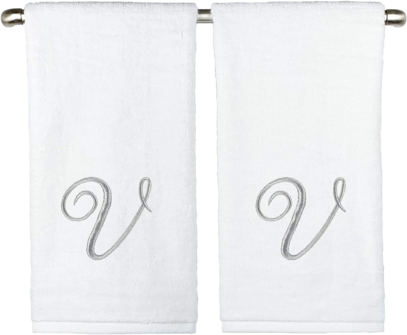 Slakeware Custom Monogrammed Hand Towels, Set of 2, 100% Cotton, Made in USA, Quality Used by Luxury Hotels, Embroidered Silver Thread Script Monogram (White, V - 2 Hand Towel Set)