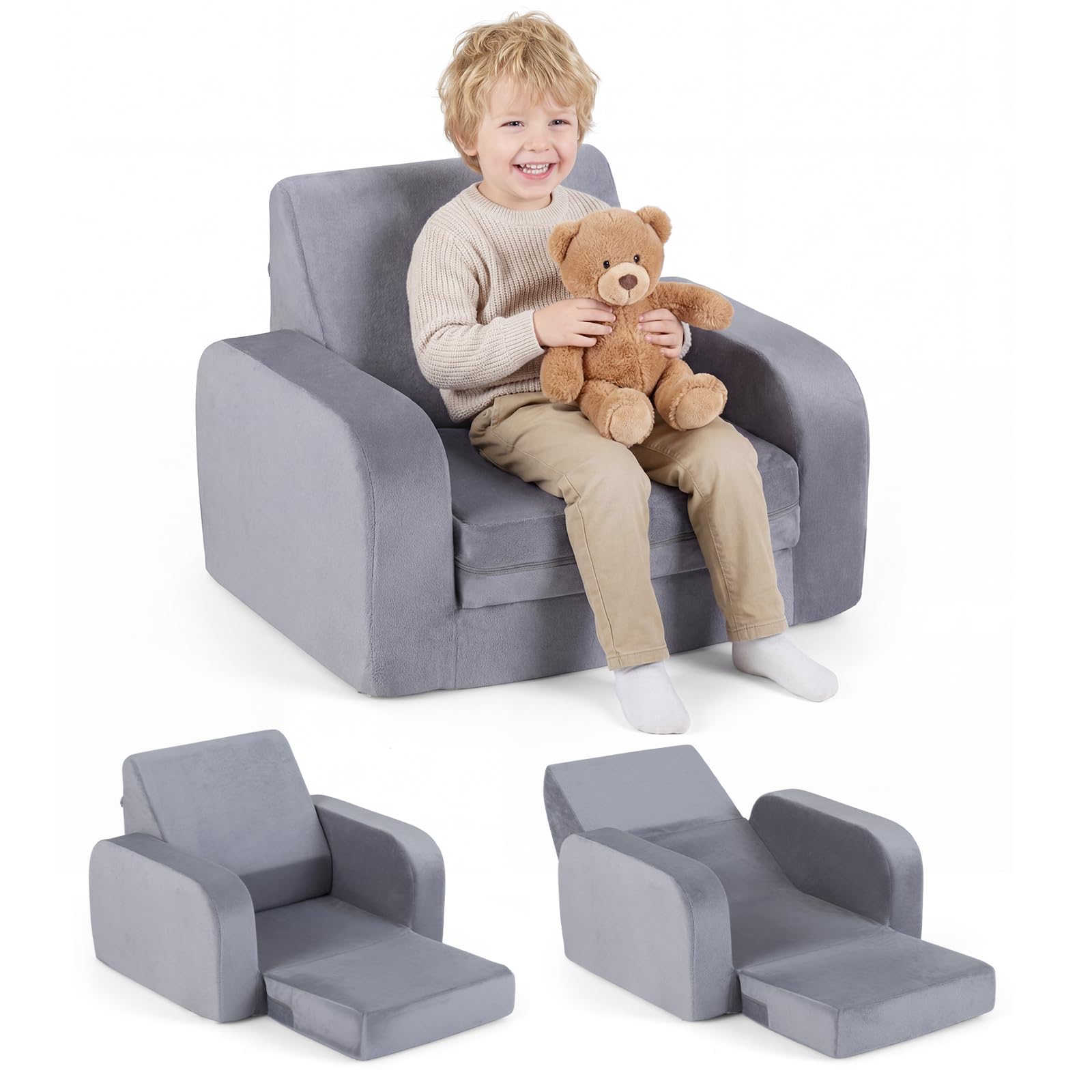 COSTWAY 3 en 1 Sofá Plegable para Niños, Sofá Cama Convertible con Terciopelo Cristal Ultra Suave y Funda Elástica, Desmontable y Lavable a Máquina, Sillón para Niños para Sala de Juegos y Guardería