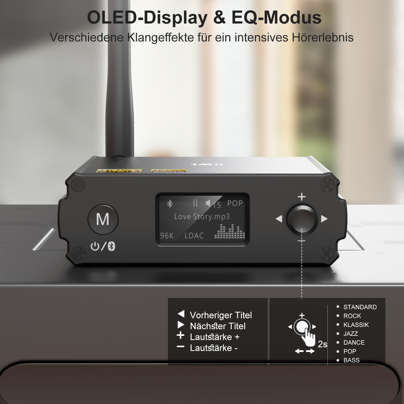 1Mii DS220 Bluetooth 5.3 HiFi Receiver mit OLED-Display & EQ-Modus – LDAC & aptX HD/Low Latency, Audio Adapter mit DAC für Stereoanlage, Optischer, RCA & USB-Anschluss