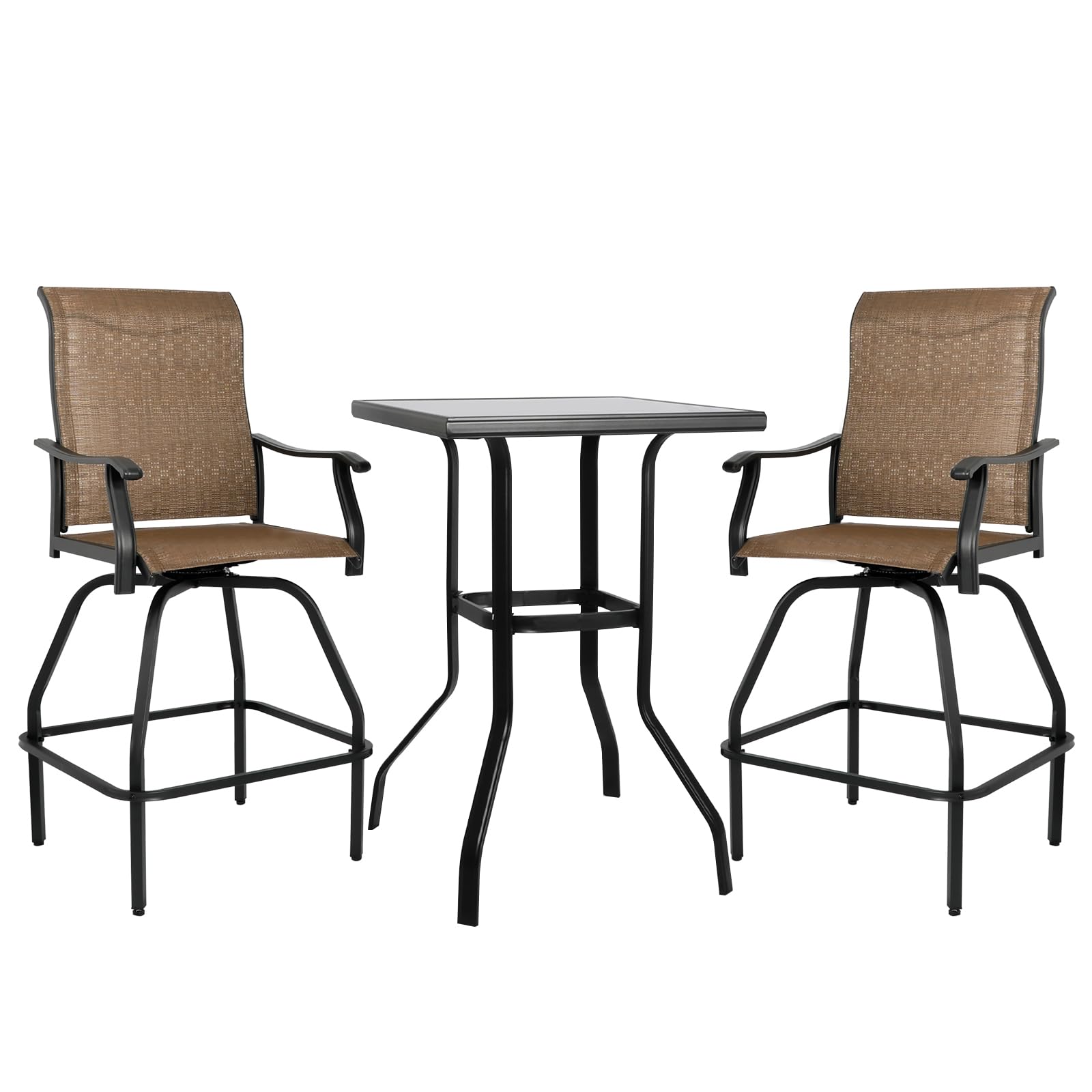 LEVELEVE Patio Bar Set 3pcs Swivel Bar Stools Outdoor Bistro Textilene Furniture Stability All-Weather Set with Height Table (3, Dark Brown Fabric)