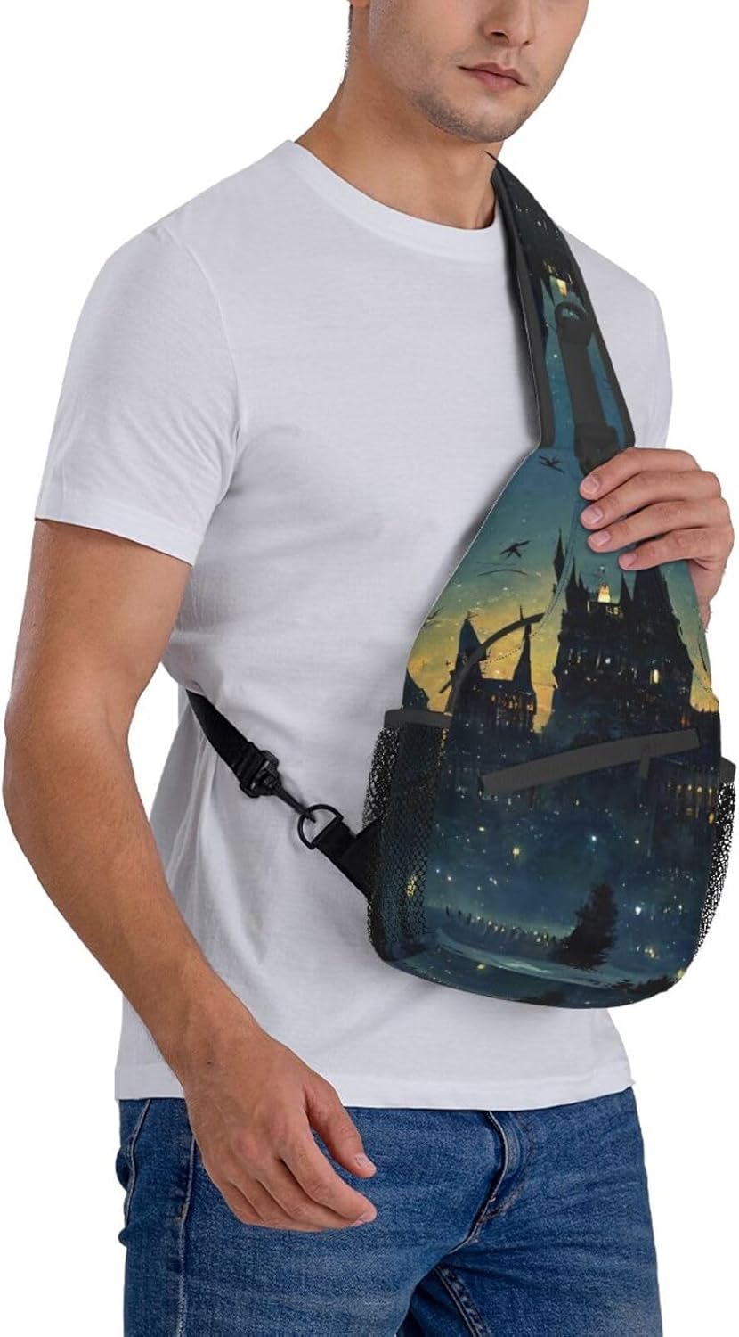 Wizard Castle Halloween Goth Sling Bag Crossbody Backpack for Women Men Hiking Travel Bag Pouch Small Daypack Casual Pack Cross Chest Bag Outdoor