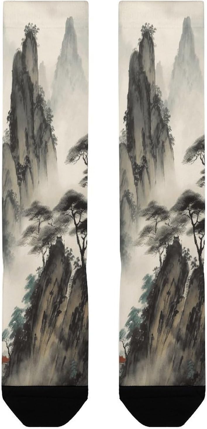 Chinese Landscape Painting Compression Socks for Man Women Breathable Knee High Tube Socks Baseball Football Sock Over The Calf Sock Circulation Support for Running Travel Athletic Daily Wear