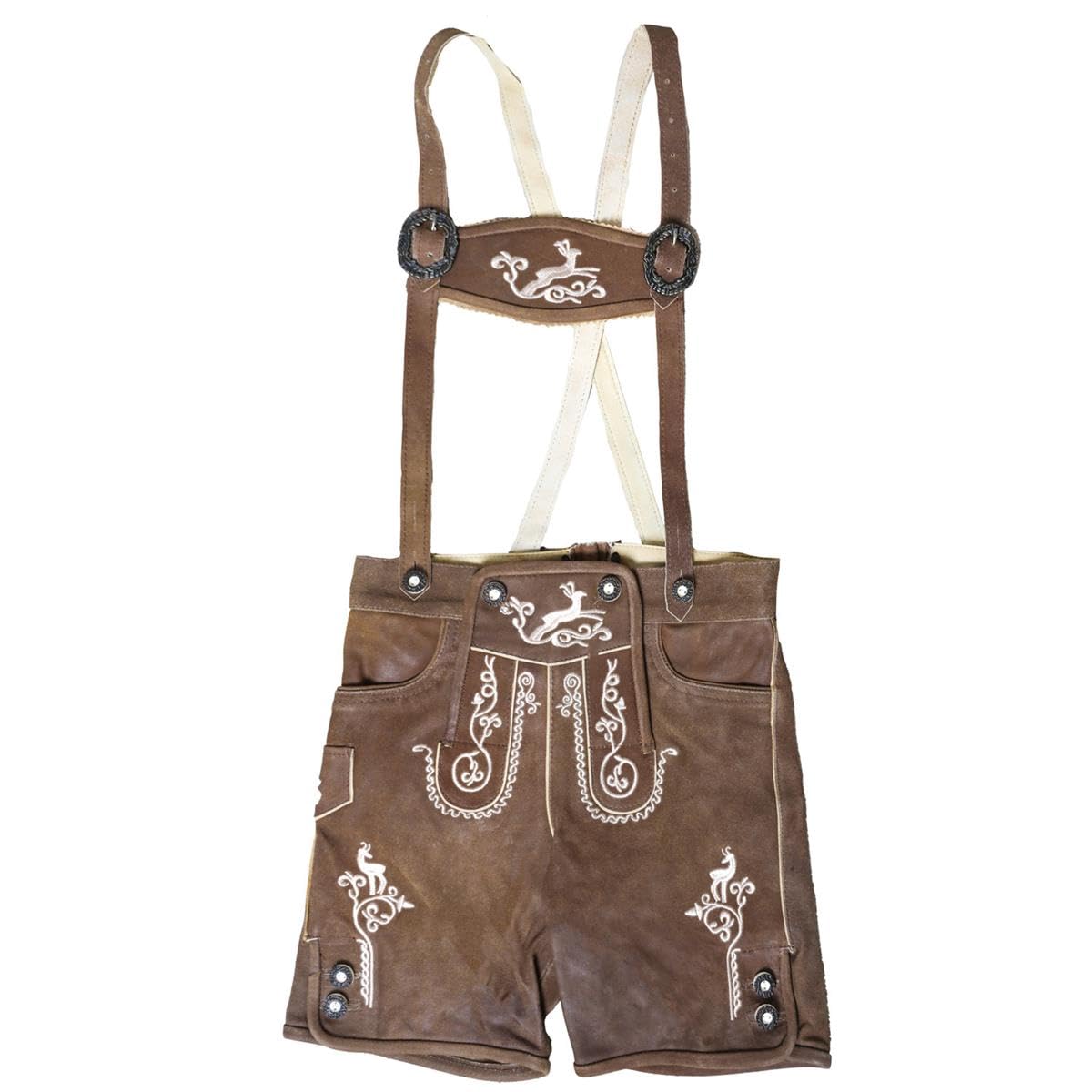 Kinder Lederhose Trachten Erik Helbraun Kurz – Traditionelle Kinderlederhose mit Trägern und dekorativer Stickerei für Jungen
