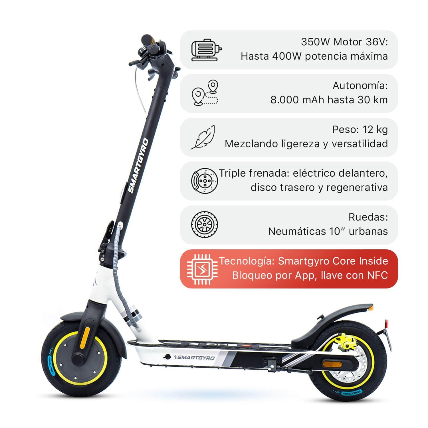 smartGyro Z-One 2 Gray Certificado - Patinete eléctrico Certificado de 36V 400W,Batería 8 Ah,hasta 30Km,Ruedas 10" Neumáticas,Triple frenada,App App Smart Core,Certificado DGT,Segunda Generación
