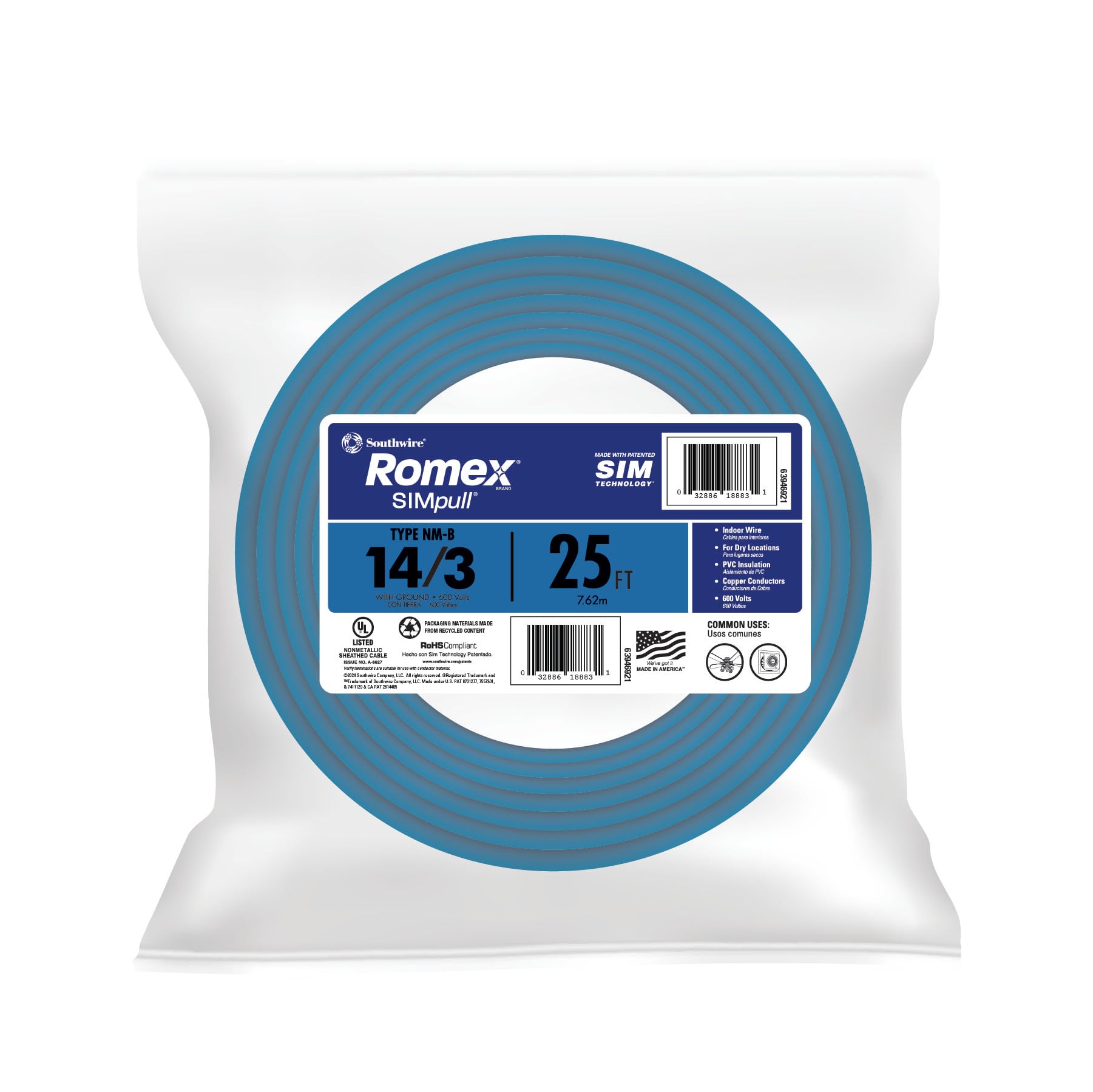 Southwire Romex SIMpull Electrical Wire, 14 Gauge, 3 Conductor, 25 Ft, NM-B Cable, Blue, 63946921