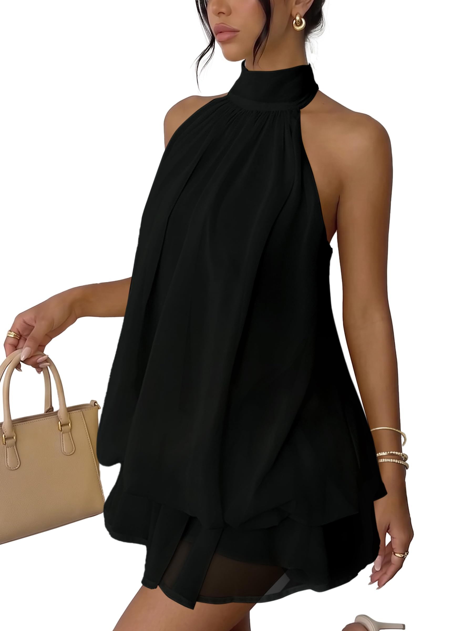 Vestito Donna Elegante Senza Maniche Mini Abito con Scollo Halter e Volant Estivo Vestiti Ampio in Chiffon Sexy Abiti Schiena Scoperta con Laccio Vestito Corto per Festa Discoteca Cocktail