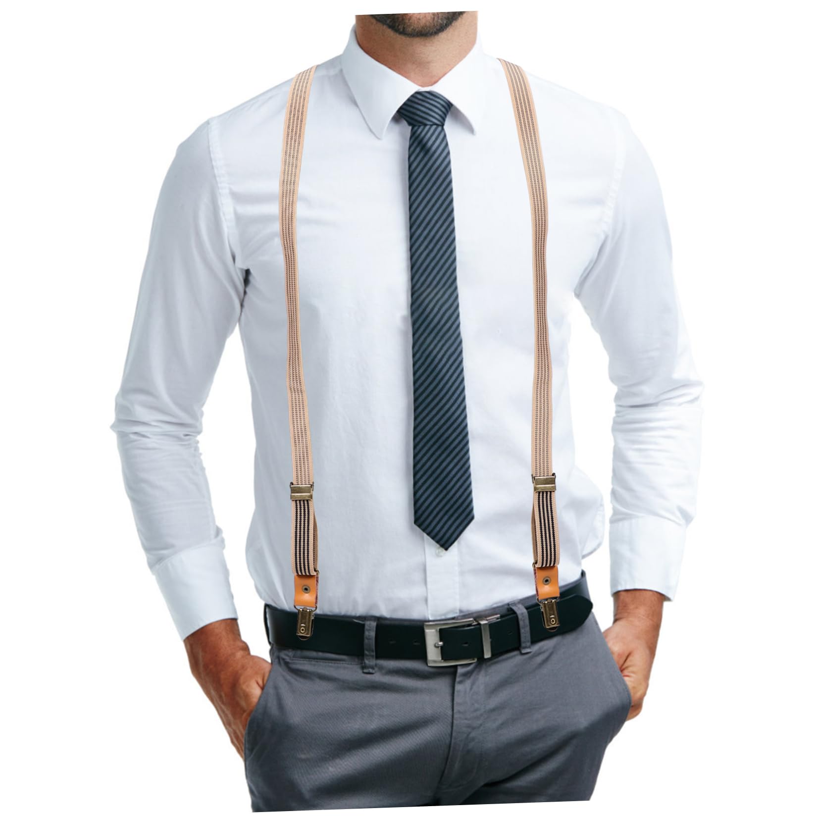 4pièces Bretelles Élastiques Ajustables Pour Hommes Accessoire Pratique Et Confortable Pour Costumes Et Jeans Design y Avec Rayures