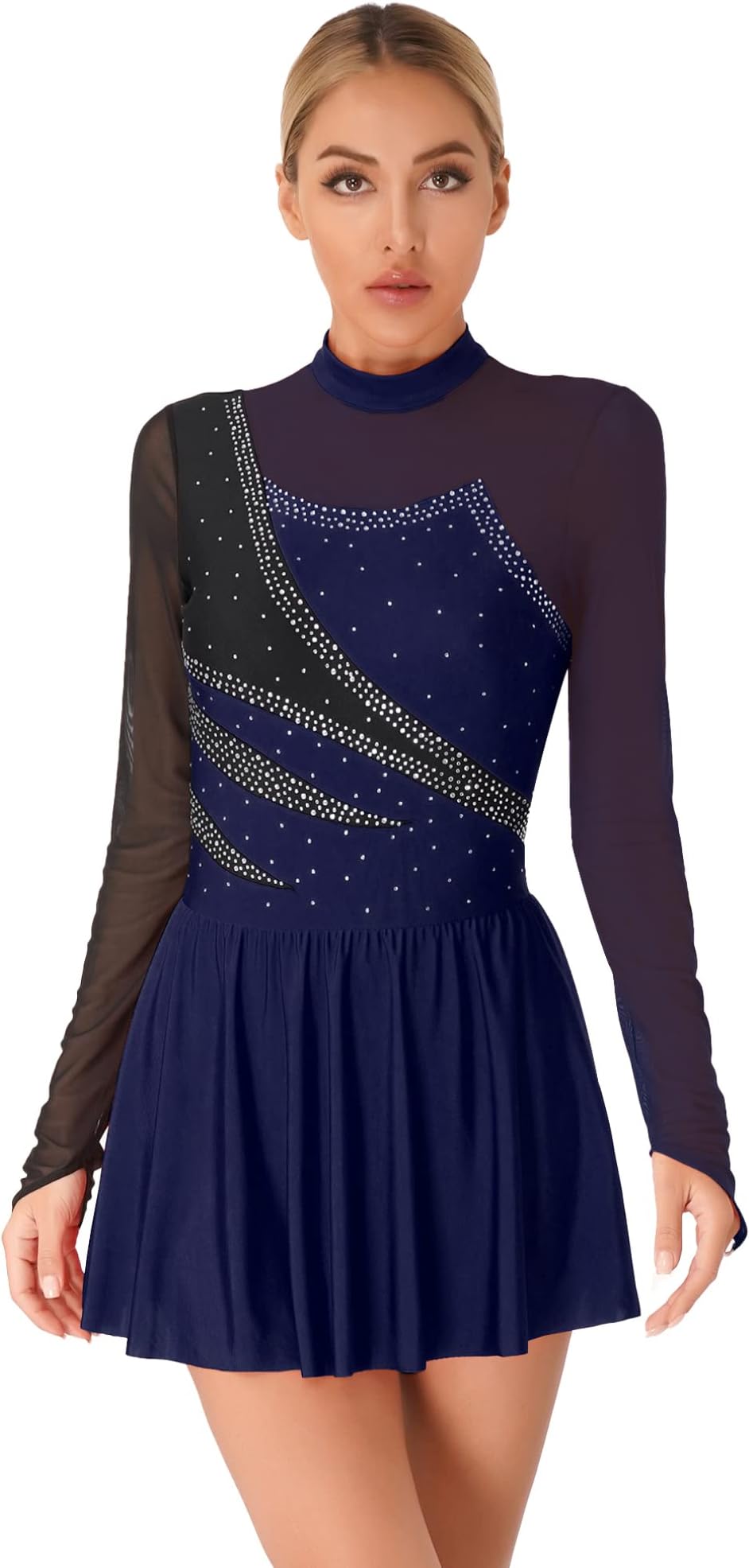 FEESHOW Lyrical Dresses Figure Skating Dresses for Women Rhinestone Dance Leotards Ballet Majorette Dance Uniforms