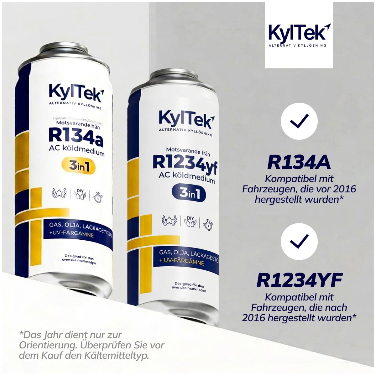 KylTek 3in1 Kit Ricarica Aria Condizionata R134a (2x Bombolette da 400ml + Tubo) – Gas Sostitutivo – Auto fino al 2016