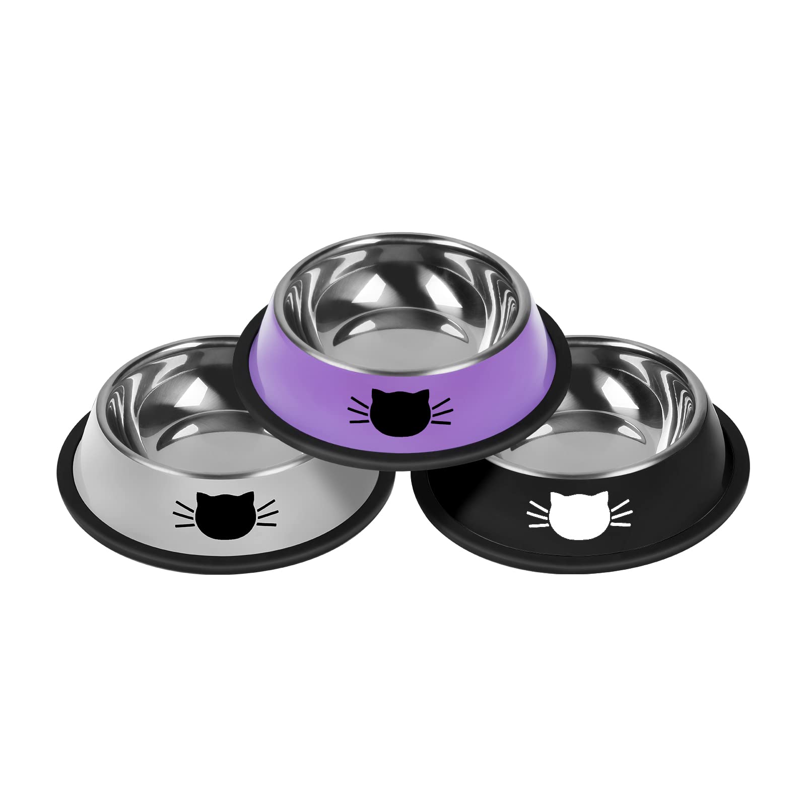 Serentive 3 Pcs Non-Slip Stainless Steel Small Cat Food Bowls - Unbreakable, Thicken 13 Oz Cat Dishes - Indoor, Removable Rubber Base, Easily Clean, Lovely Color
