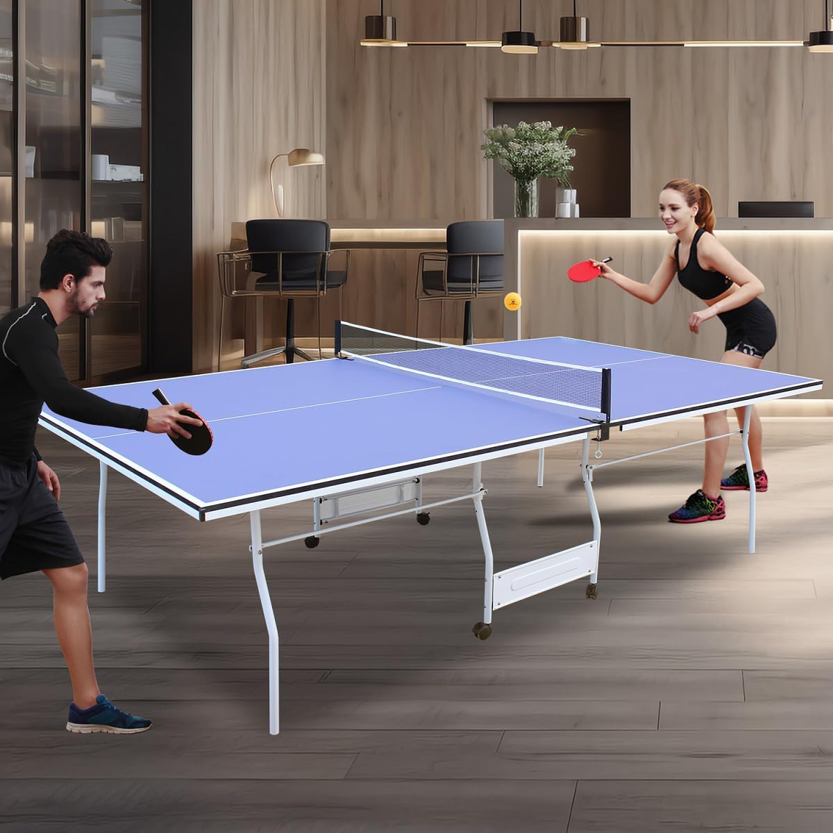 Professional Table Tennis Table Indoor Foldable Table Tennis Game Set, 9-Feet Single Play Mode Table with Net Post Set, 2 Pars and 3 Balls
