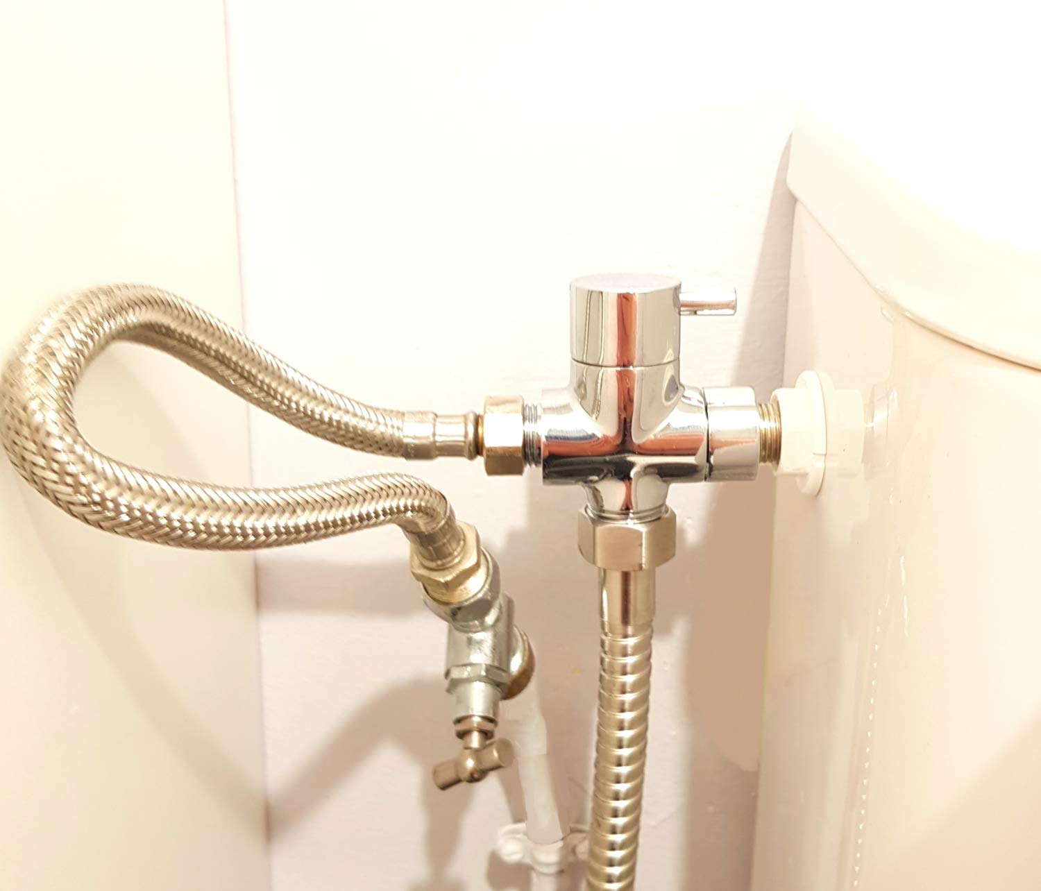 BbfStyle - Marque Française - SUS 304 Double Jet - Standard Français (3/8") - Kit douchette WC pour l'hygiène intime avec Vanne 3 voies - Métallique - Finition Nickel Brossé - Taharet Taharat