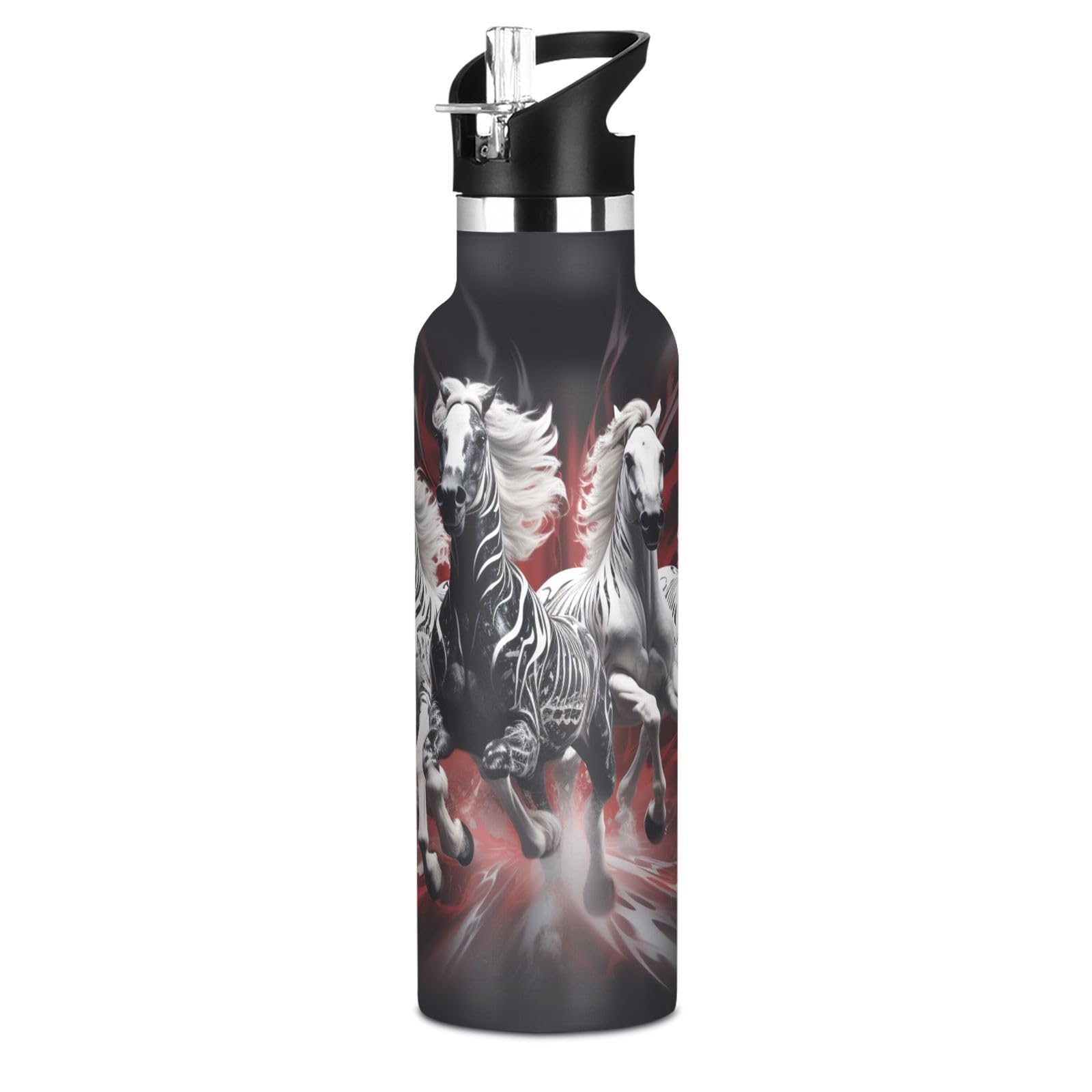 Kaaviyo Boys Pattern White Horses Fiery Dark Water Bottle Stainless Steel Jug Insulated Vacuum Cup For Girls(600Ml)
