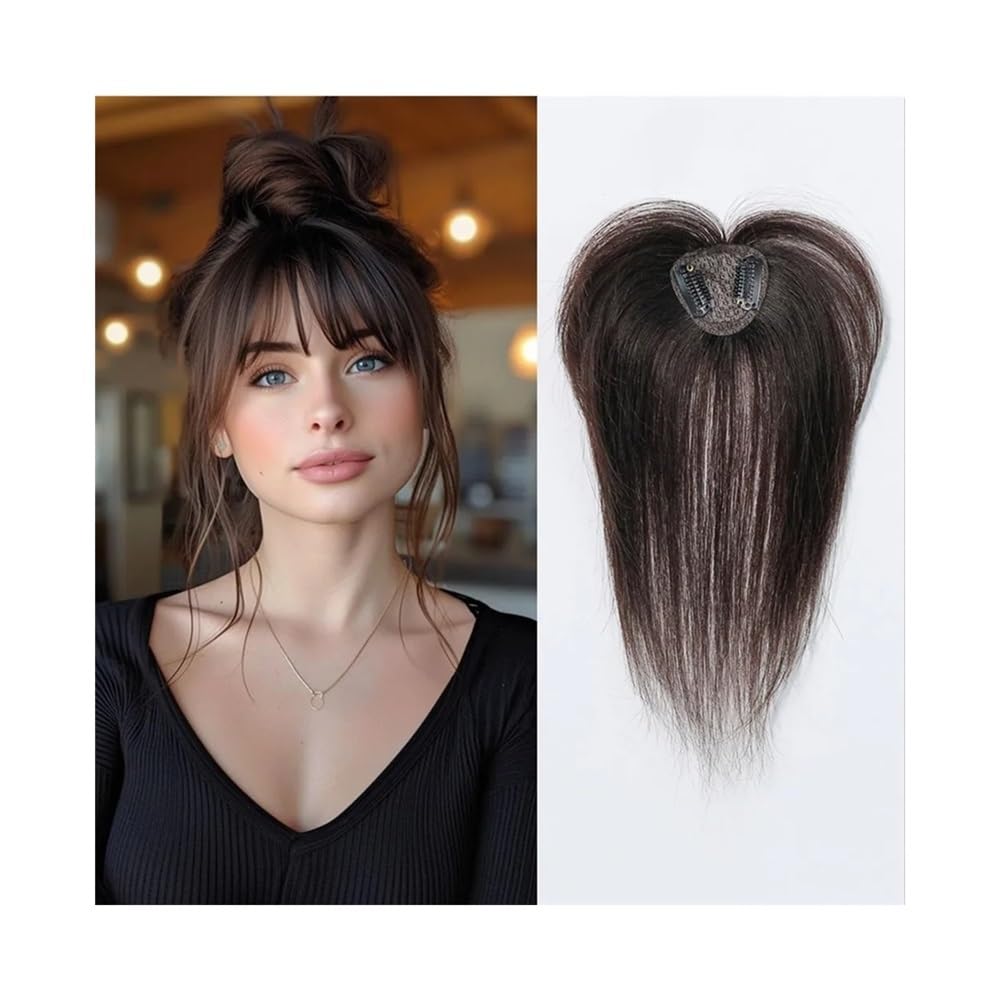 Pony Echthaar Topper mit Pony für Frauen 3D Luftig für Haarausfall 25 cm Frisur (Dark Brown)