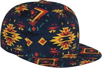 Mens Baseball Cap American Native Aztec Folk Art Geometric Tribal Dark Blue Flat Brim Adjustable Snapback Trucker Hat Breathable Dad Hat for Outdoor Sports, Casual Streetwear