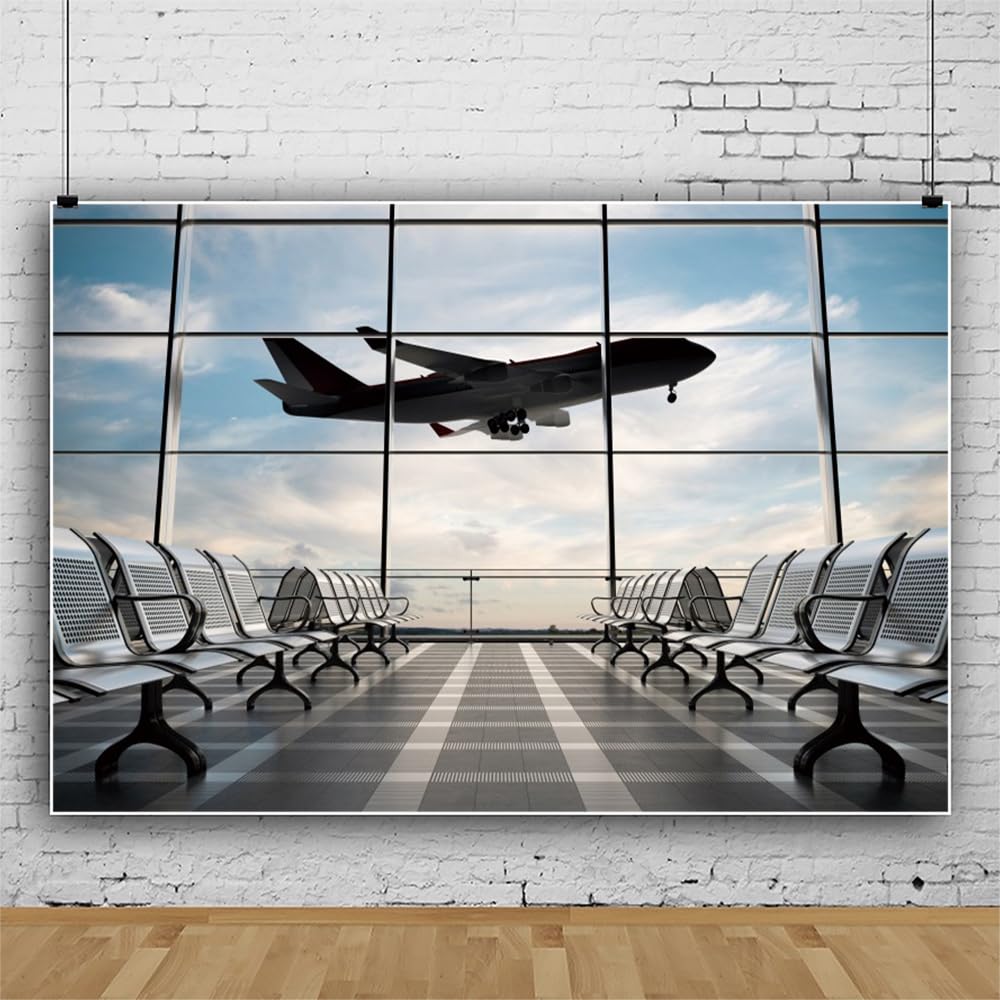 Leowefowa 15x8ft Vinyl Airport Terminal Photo Background Backdrop Airplane Airport Departure Lounge Background Travel Theme Birthday Party Decor