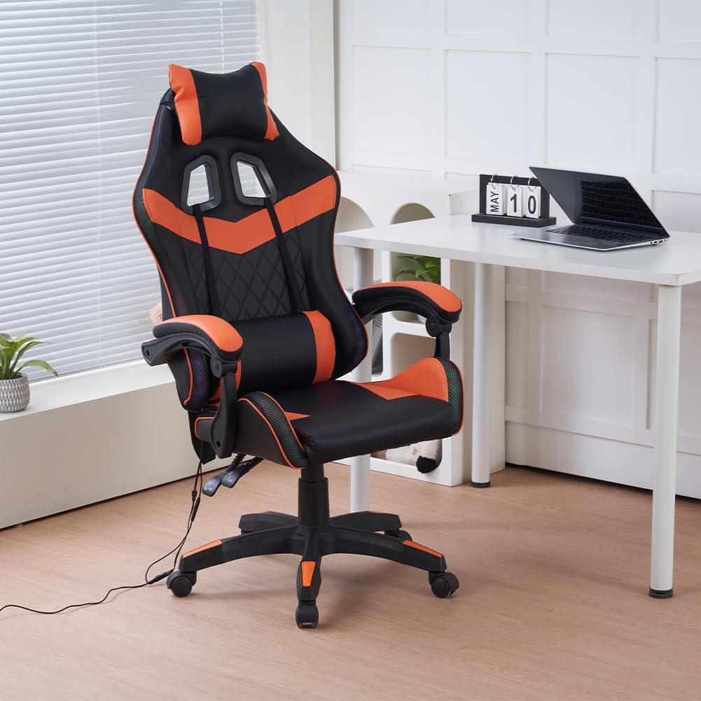 Shally Dogan Sedia Gaming da Scrivania con Striscia LED RGB Multicolore, Rivestimento in Ecopelle, Schienale Reclinabile, Altezza Regolabile da 106 a 116 cm, Poltrona da Ufficio, Cameretta (Arancione)