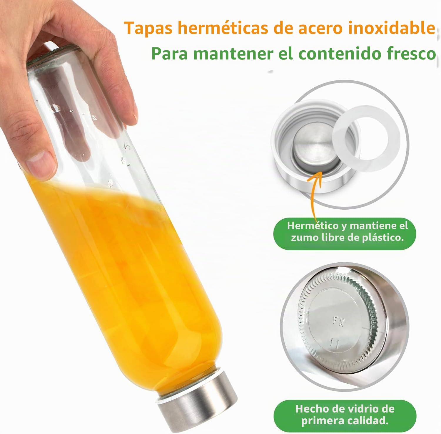 KAHEIGN 10 Piezas Botellas de Vidrio con Tapa Hermética de Acero Inoxidable, 540ml /18oz Jarra para Jugo a Prueba de Fugas Transparente Reutilizable con Limpieza Cepillo, Embudo, Hielo Palitos Bandeja