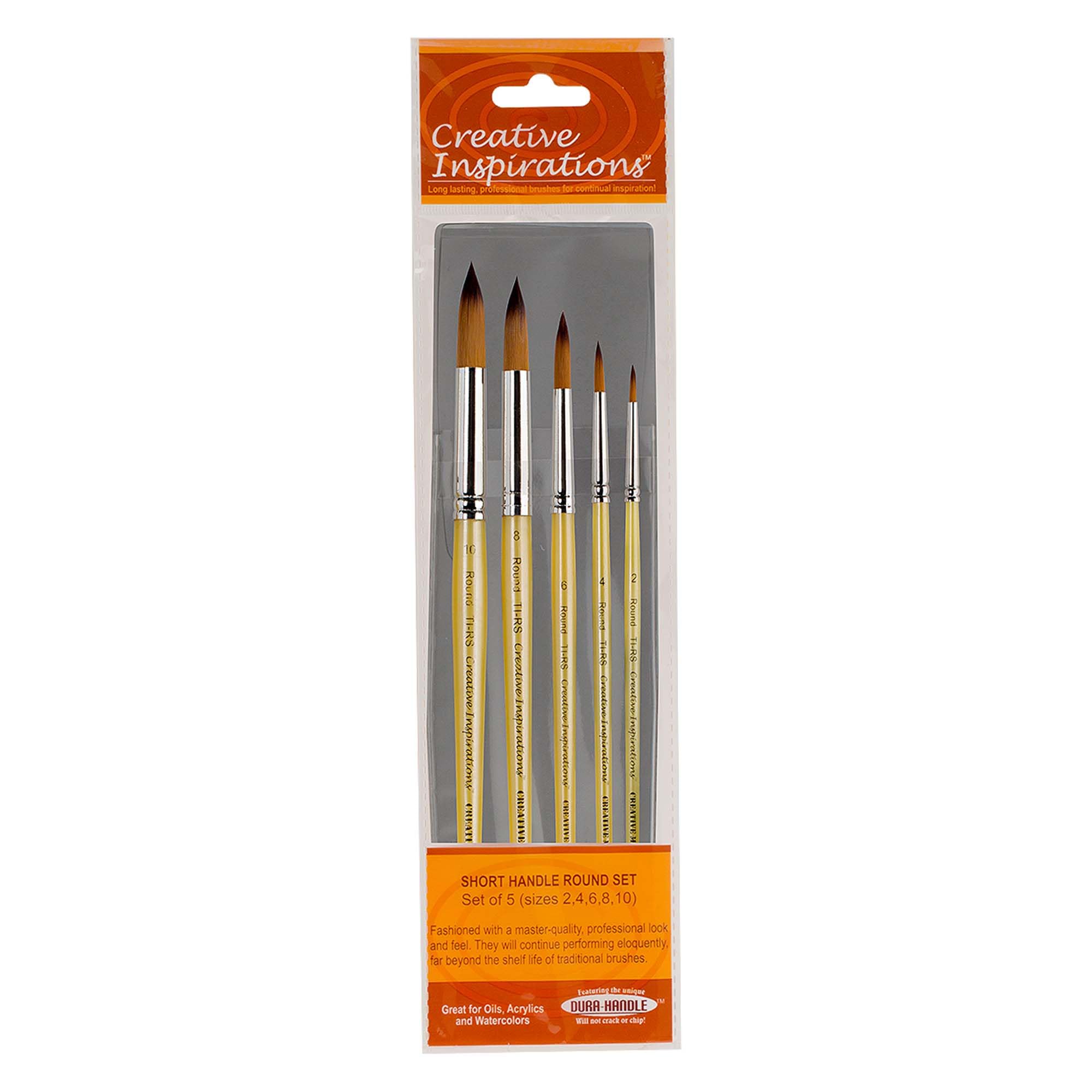 Creative Inspirations Dura-Handle Round Assorted Set of 5 Short Handle Paint Brushes - Resin Handle, Synthetic Paint Brushes, Round Brush for Oils, Acrylics, Watercolors - Handles Do Not Chip or Crack