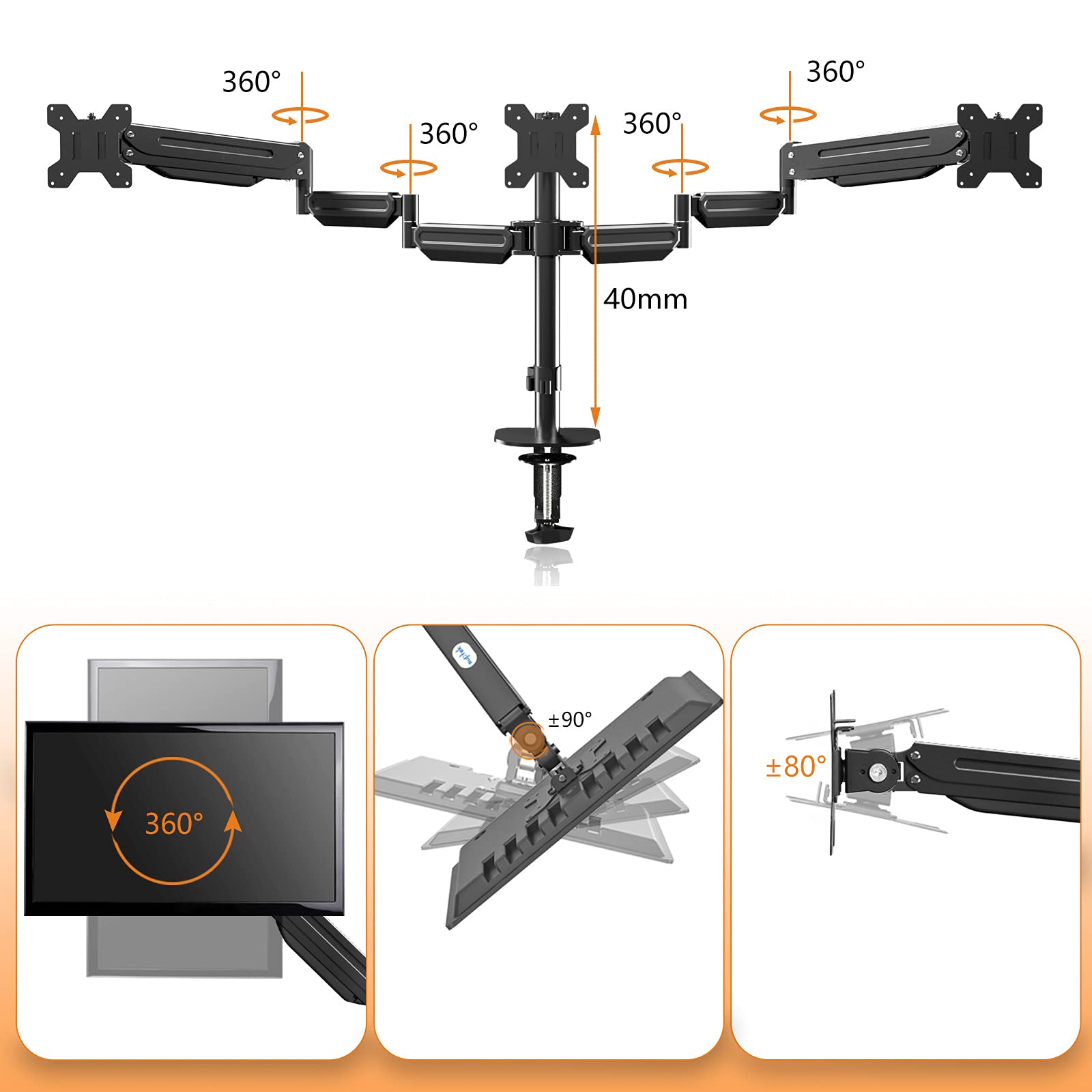 Supporto triplo per monitor, supporto per monitor per 3 monitor, supporto da tavolo regolabile per monitor a molla a gas con rotazione girevole per tre schermi da 17-27" fino a 6 kg ciascuno MD8003