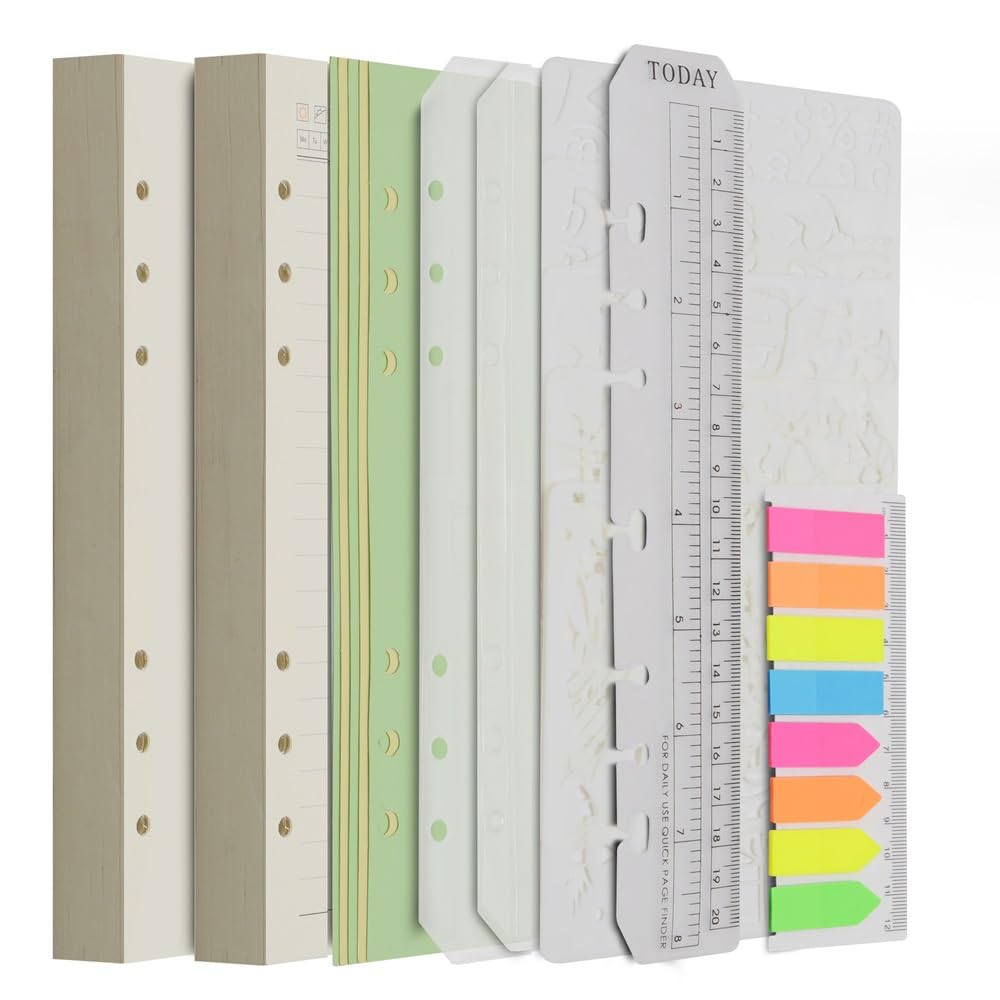 Wonderpool 320 Pages Blank/Lined A5 Refill Paper Inserts Binder Loose Leaf Paper, Dividers, Pocket, Neon Page Marker, Bookmark, Stencils for