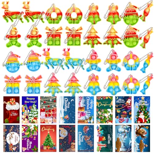 HOUT Paquete de 32 juguetes de llavero navideño Pop Fidget: bolsa de fiesta pequeño regalo para niños con 32 tarjetas de Navidad - Decoraciones para árboles de Navidad Poppet Bubble Silicona juguetes