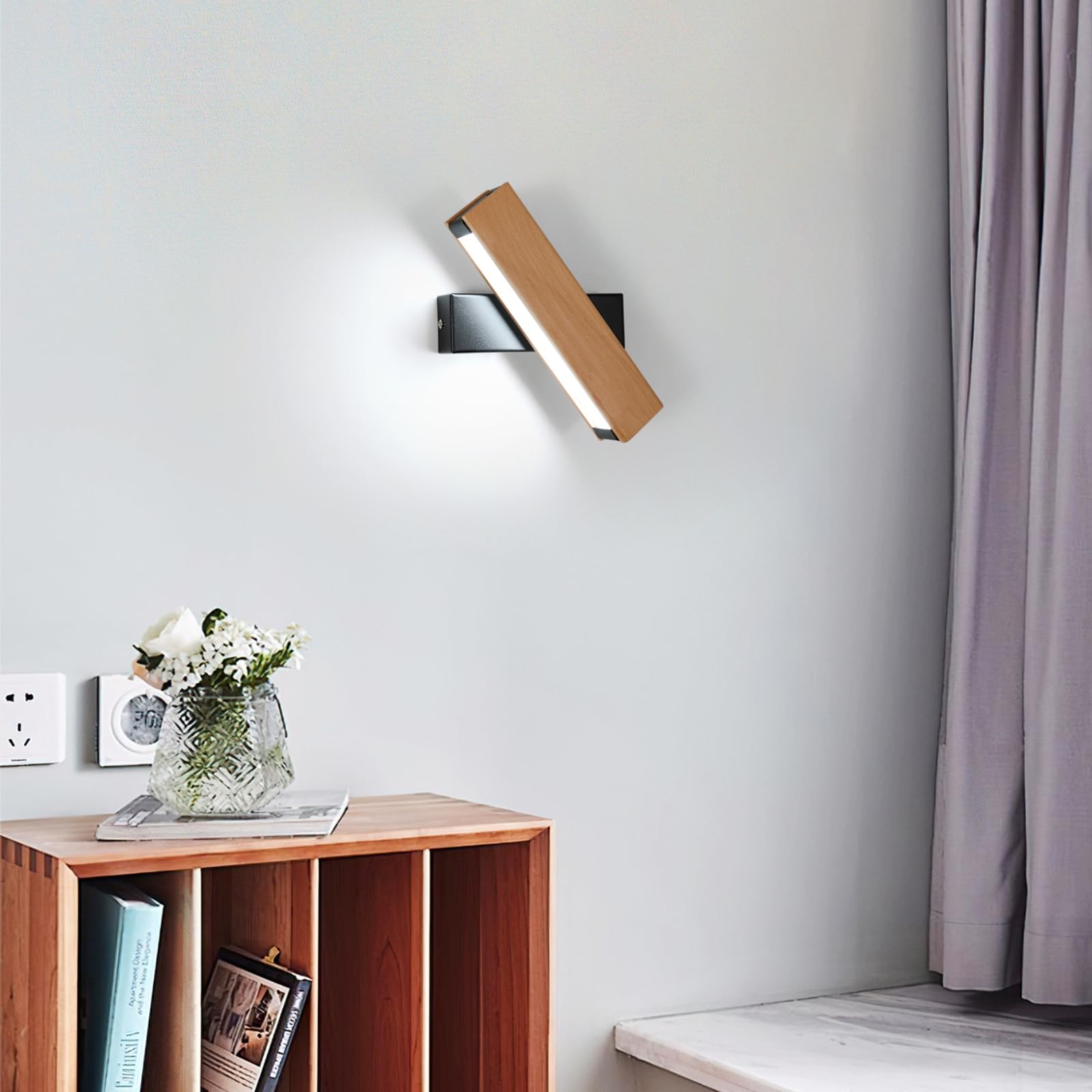 Apliques de Pared Interior, Moderna Lámpara de Pared LED de Madera Giratorio 360°, Luz Blanca Fría 6500K Luz de Pared LED para Salón, Dormitorio, Pasillo, Balcón, Madera Natural