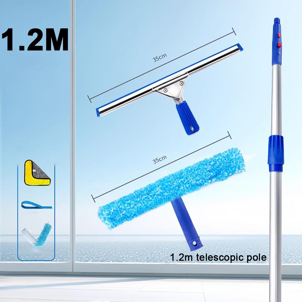 Pértiga De Limpieza De Vidrios De Ventanas De Aleación De Aluminio De 1,2 A 15 M De Altura con Raspador De Goma De 35 Cm Y Cabezal De Trapeador, Pértiga Larga Telescópica,Pole Length 1.2m