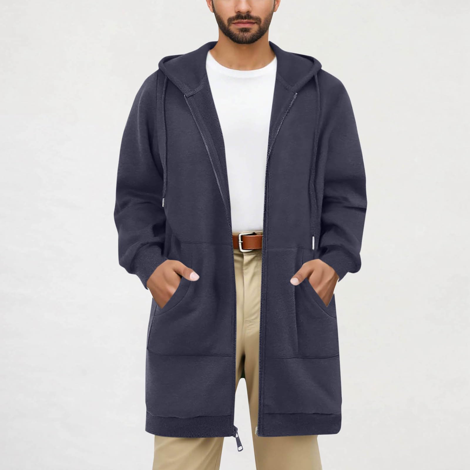 Herren Sweatshirt Lang Mantel Winter Warm Kapuzenjacke mit Reißverschluss