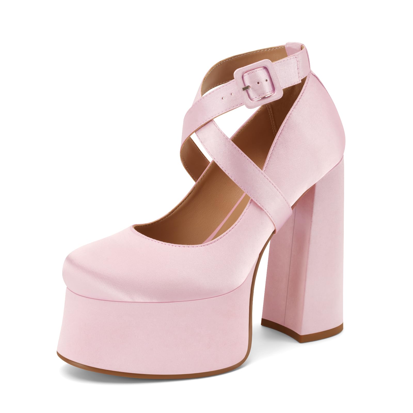 Women’s Platform Chunky High Heels Satin Ankle Cross Strap Buckle Round Closed Toe Heeled Lolita Mary Jane Pull On Pumps Shoes 5.6 Inch