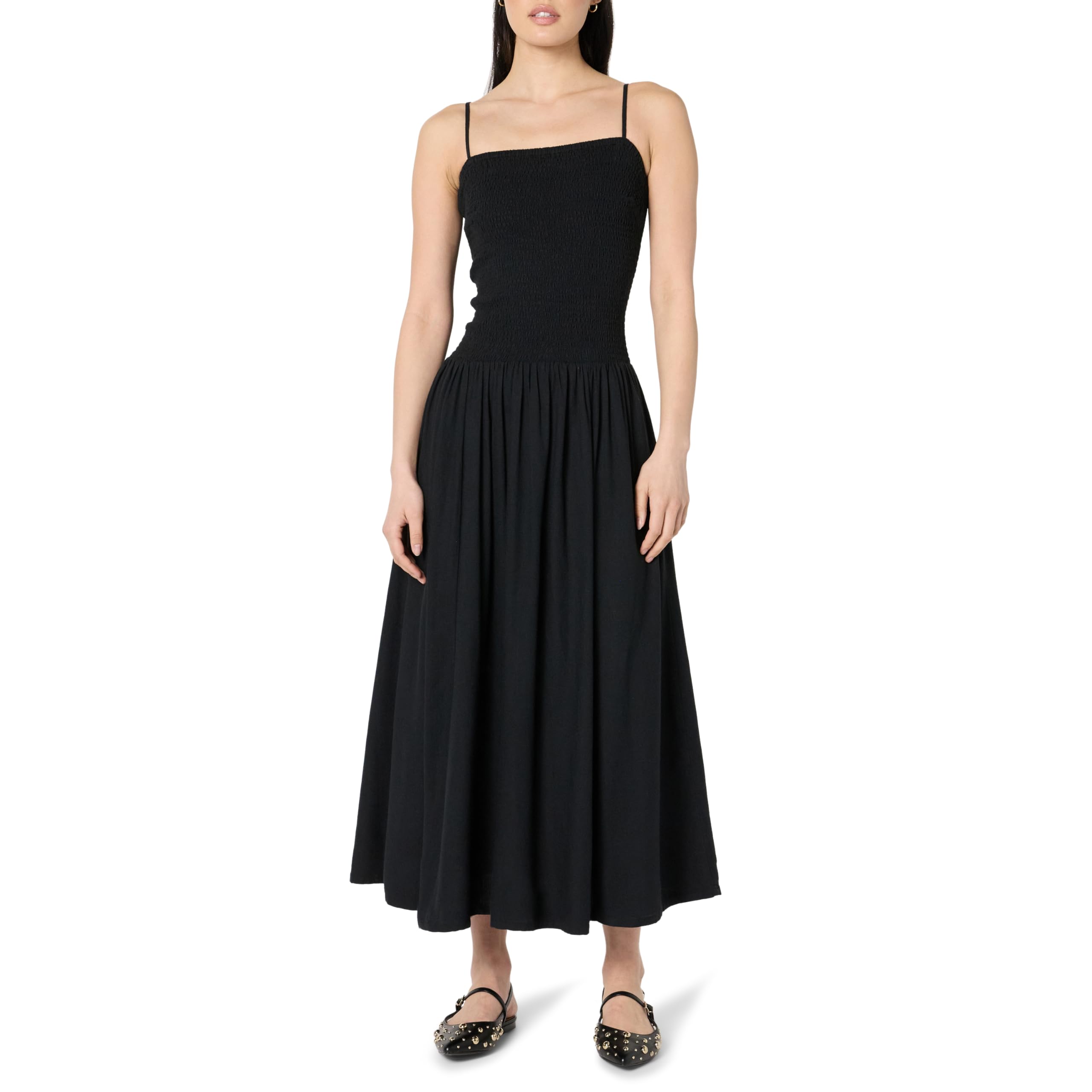 The Drop Florencia Smocked Bodice Linen Maxi Dress, Black, M
