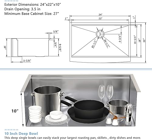 Miniatura 49 de Fregadero de cocina negro 33 x 22 pulgadas, de acero inoxidable negro, estación de trabajo frontal, calibre 16, R10, fregadero profundo de cocina