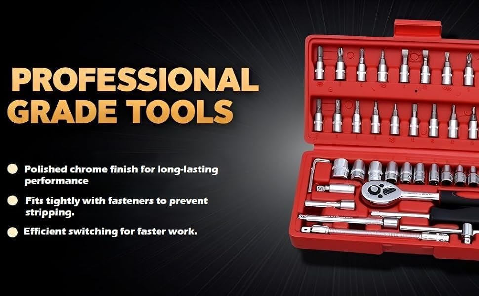 Image of Tool Kit 46 Pcs Household | 1 /4 Drive Socket Screwdriver Wrench Set for Bike, Car Repairs & More Spanner & Socket Set All Size Tool Kit Goti Pana Perfect for DIY Enthusiasts, Black